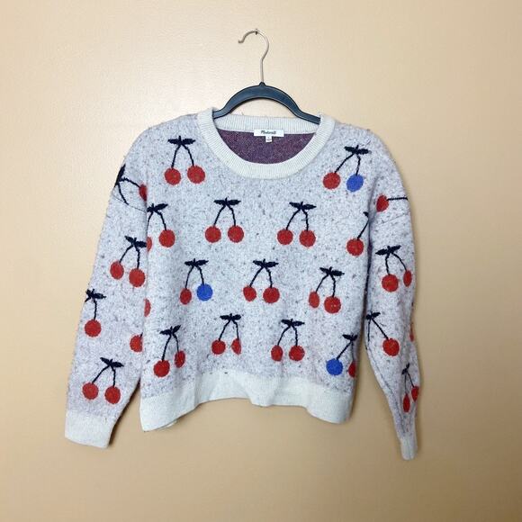 Madewell Cherry Jacquard Pullover Sweater wool blend knit cozy large - Picture 4 of 10